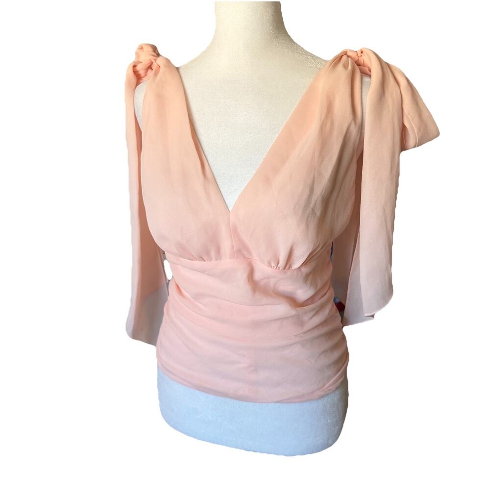 Magaschoni Womens Size 4 Blouse Light Pink Vneck Ruched Tie Shoulder Top Elegant - Picture 8 of 9